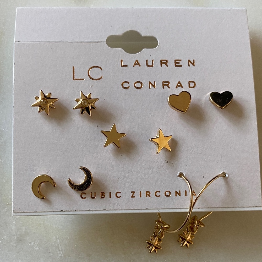 NWT LC Lauren Cubic Zirconia Conrad Celestial Shape Stud & Hoop Drop Earring Set